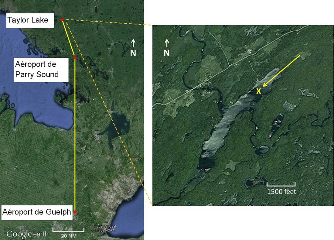 Figure 1. Cartes du lac Taylor, indiquant le trajet, la direction de l'approche et le lieu de l'accident (Source : Google Earth, avec annotations du BST)
